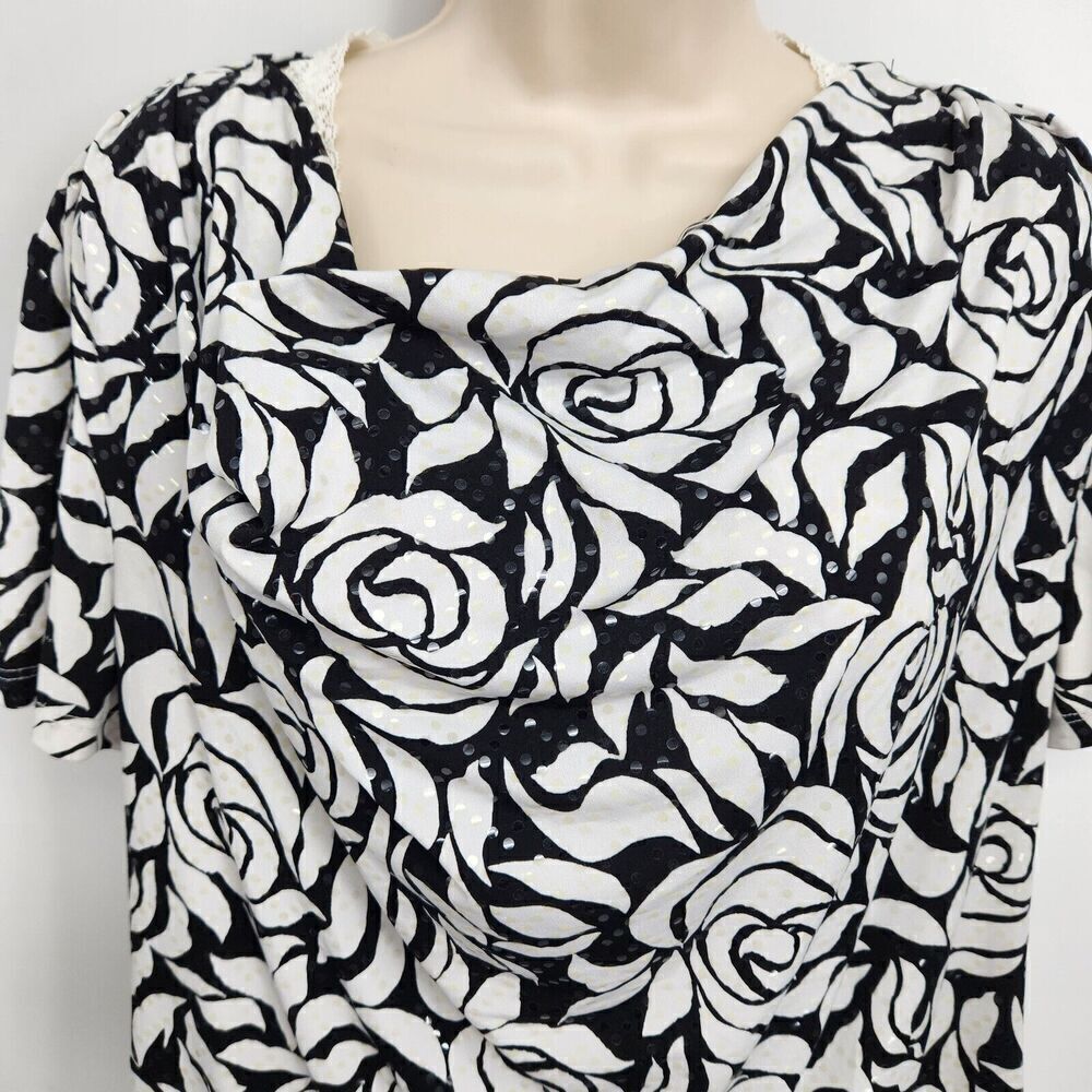 MSK Pullover Top Women's Size XL Blk & White Floral Short Sleeve Draped Neck - Picture 4 of 9